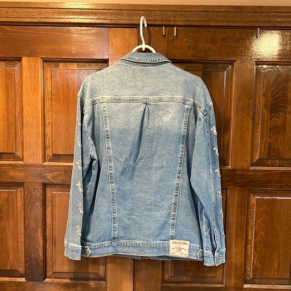 True Religion Denim Sparkle Jean Jacket Rhinestone Trim Sleeves Size Medium Y2K - Picture 2 of 12